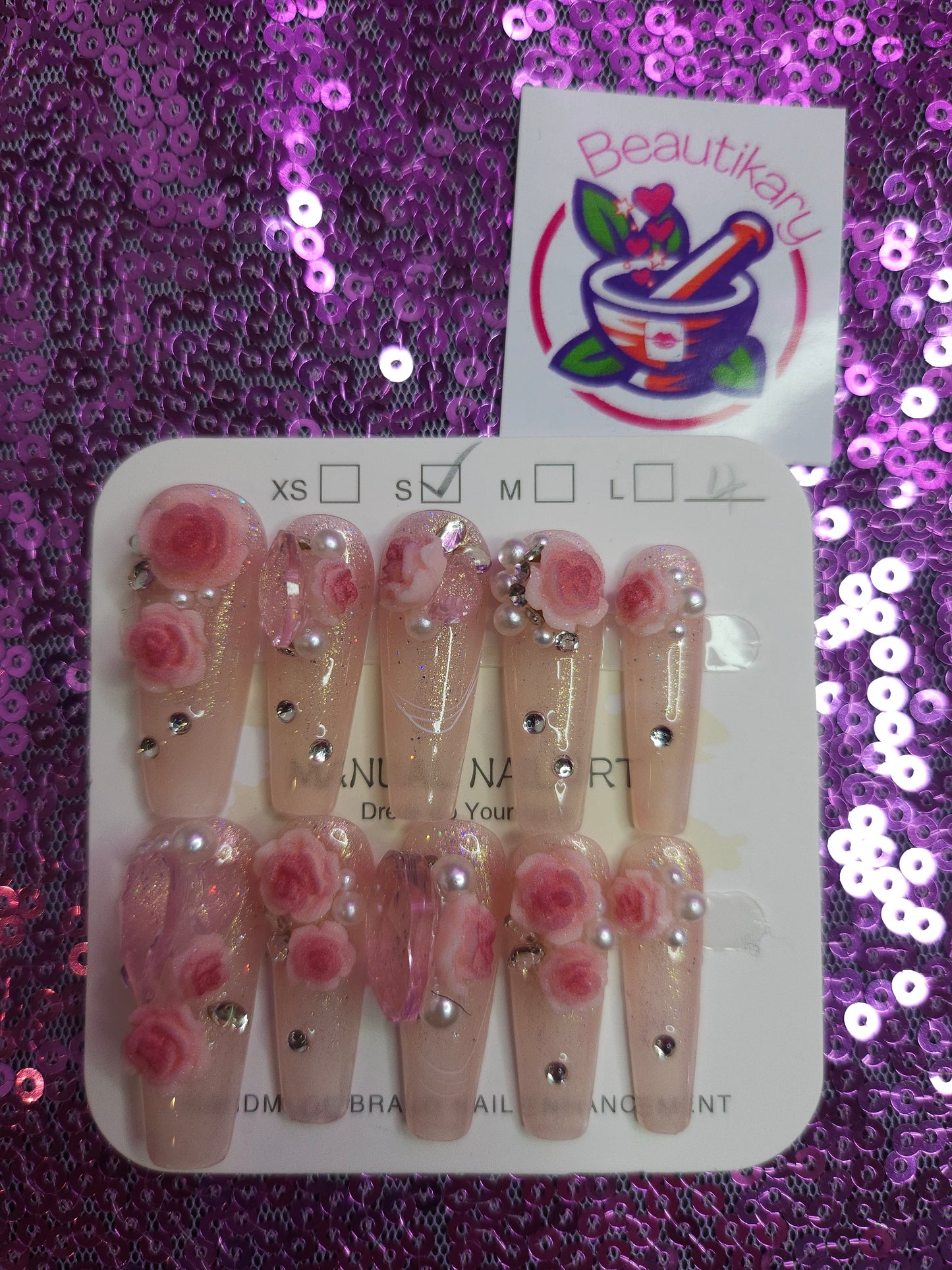 Long pink flower reusable press on nail