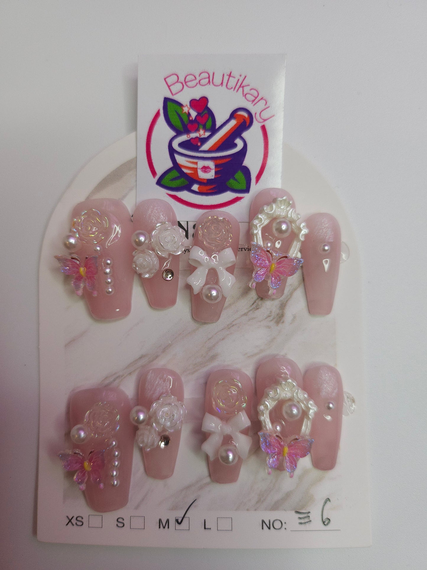Pink butterfly flower reusable press on nails