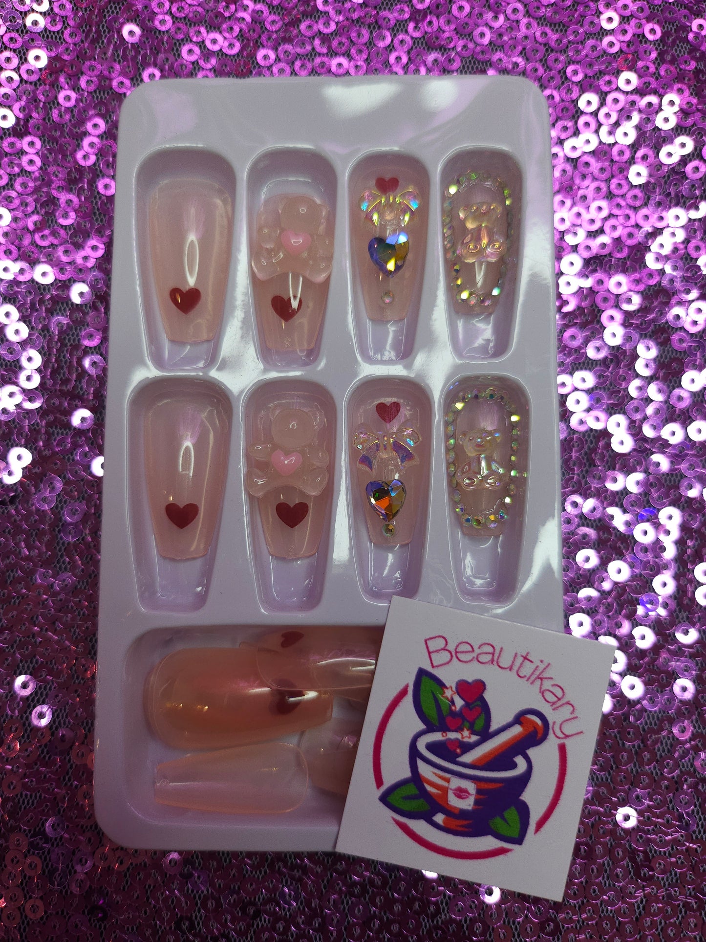 Heart and Teddy Bear Cute reusable press on nails