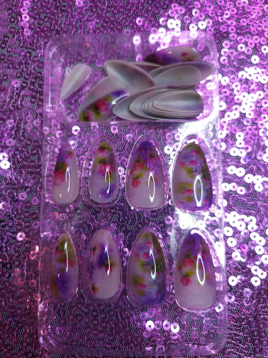 Purple Flowers Garden reusable press on nails