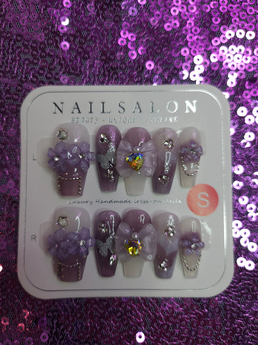 Purple flower/butterfly reusable press on nails