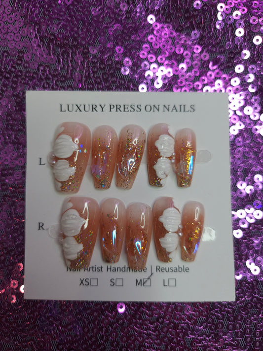 Peach flower glitter reusable press on nails