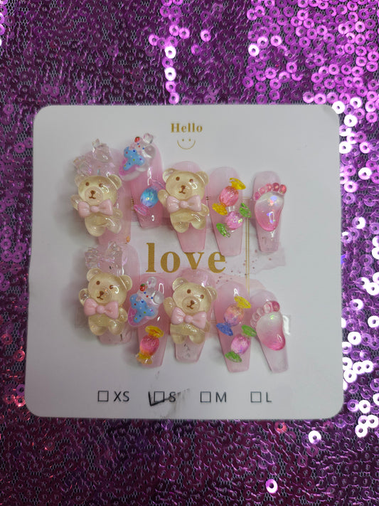 Baby Girl teddy bear reusable press on nails