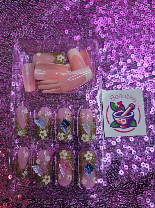 Garden Butterflies French reusable press on nails