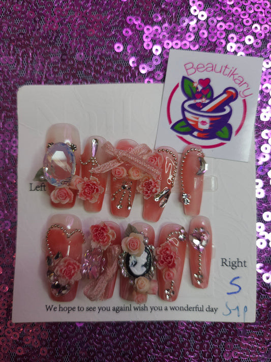 Long Cute Vintage Cameo reusable press on nails