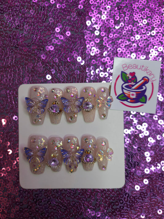 Purple butterfly bow reusable press on nails