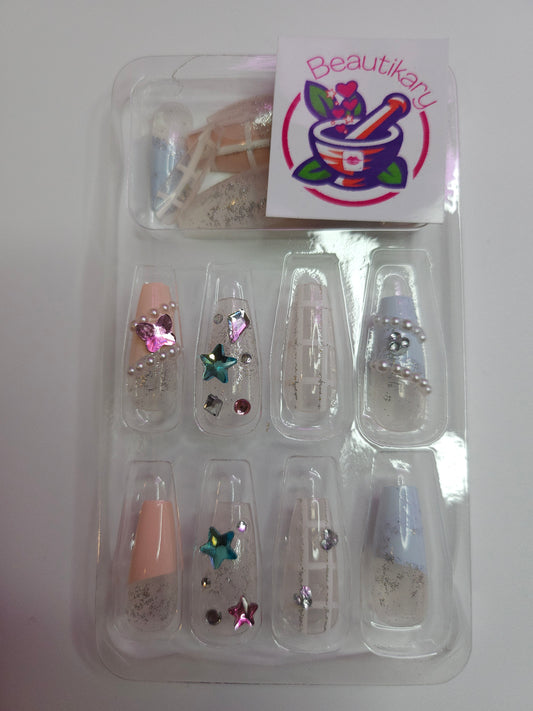 Cute Glitter Star and Butterfly reusable press on nails