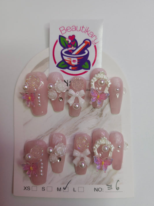 Pink butterfly flower reusable press on nails