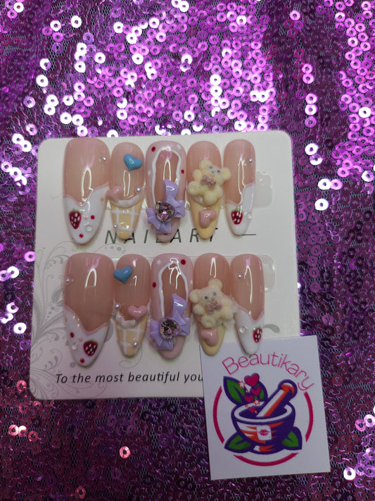 Strawberry Teddy Bear Bow reusable press on nails
