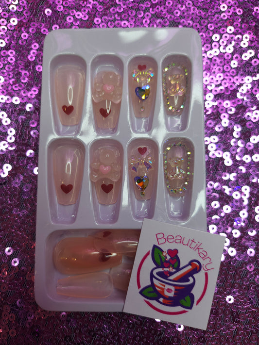 Heart and Teddy Bear Cute reusable press on nails