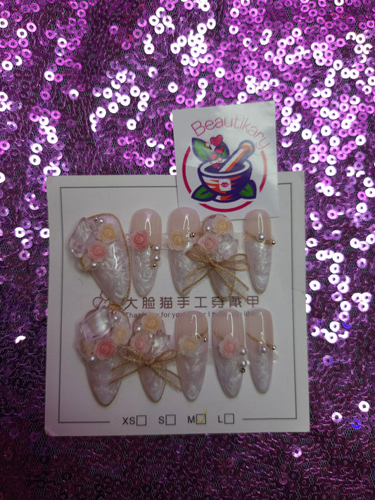 Wedding White Marble Flower reusable press on nails