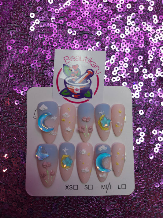 Cute Sky Moon reusable press on nails