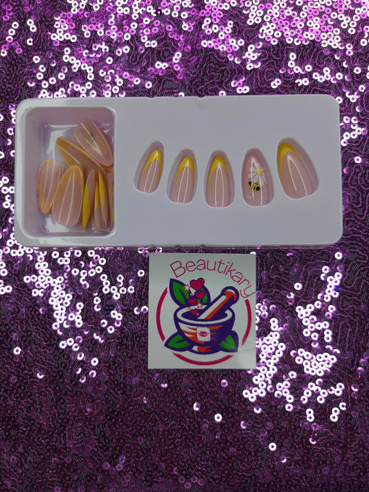 Yellow French Bee reusable press on nails