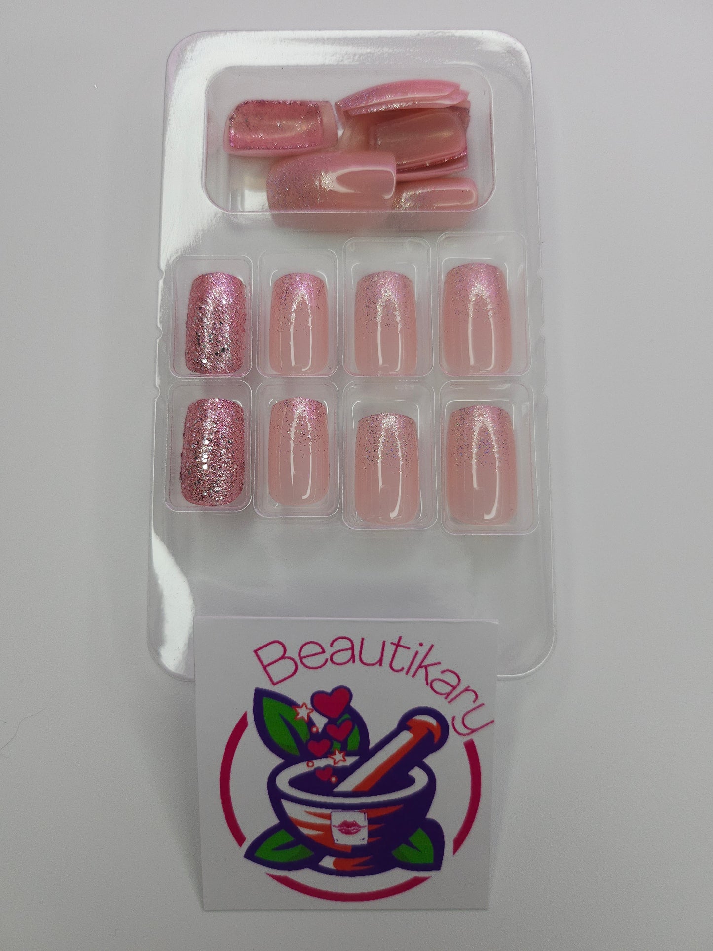 Pink and Silver Glitter reusable press on nails