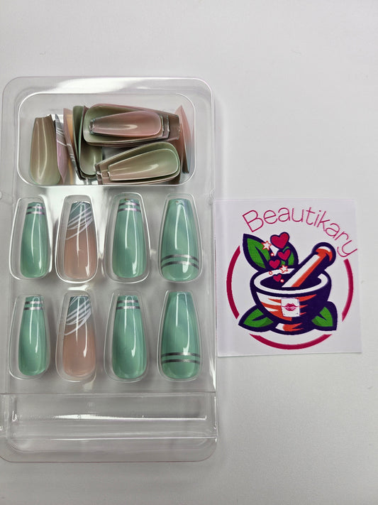 Mint Greene with Silver reusable press on nails