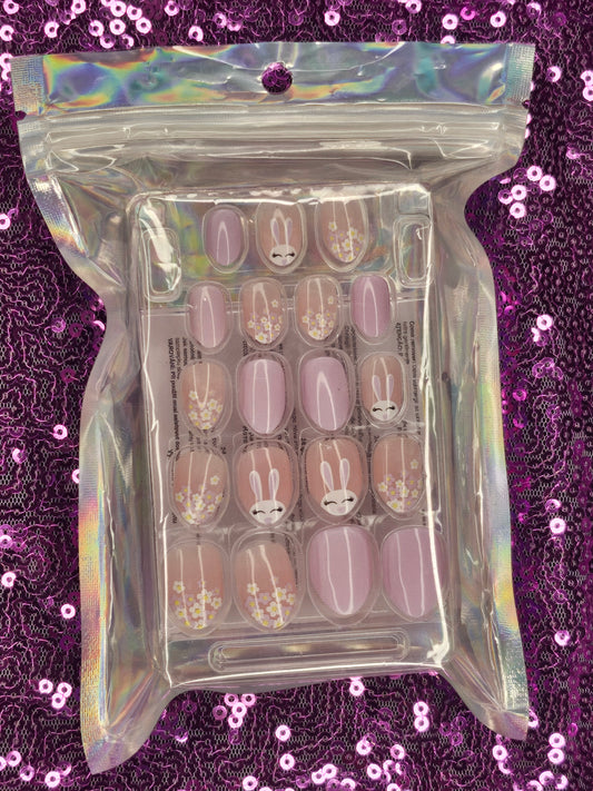 Girl's Press On Nails-Cute Bunny and flowers