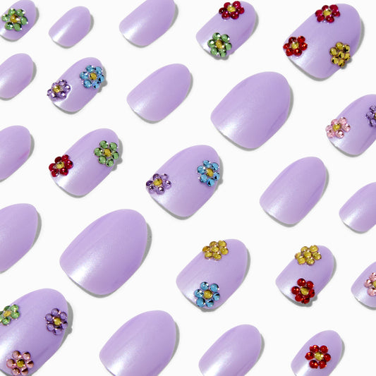 Girl's Press On Nails-Purple with flowers