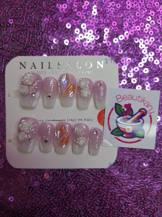 Pink and white flower reusable press on nails