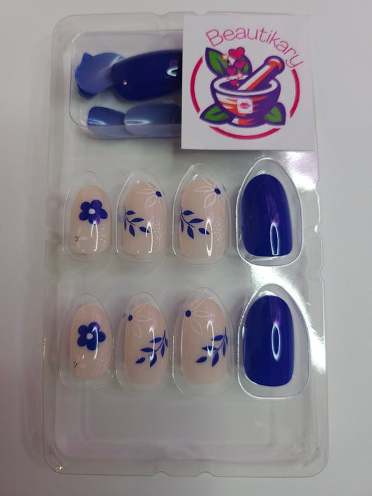 Blue with flowers Reusable press on nails