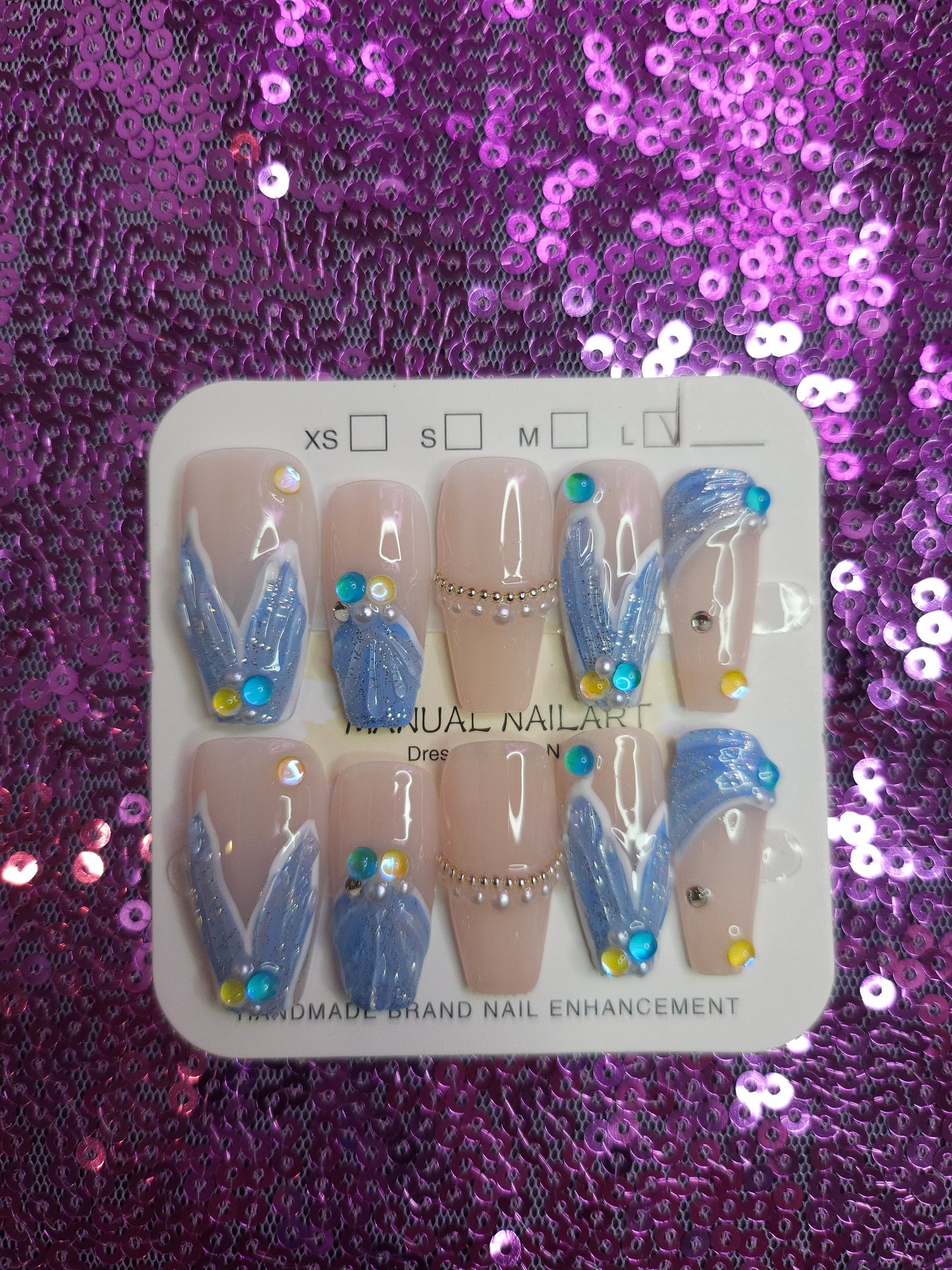 Blue pearl reusable press on nails