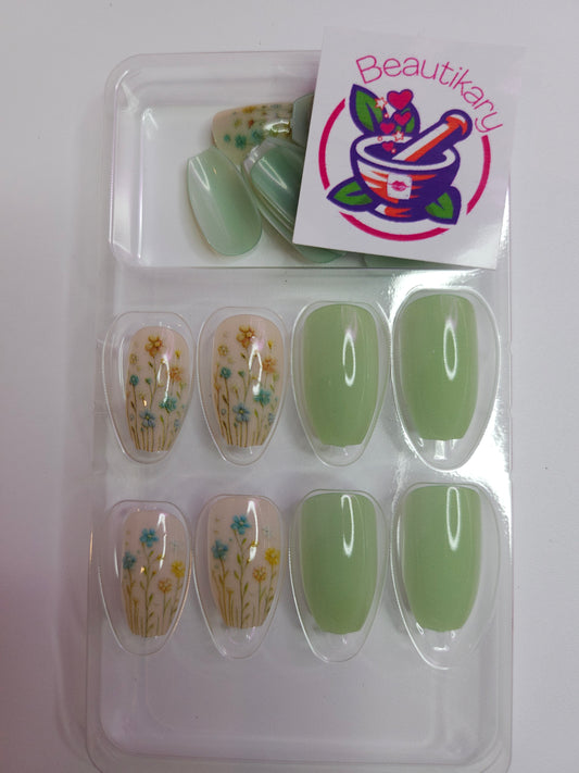Green Flowers Reusable Press on nails