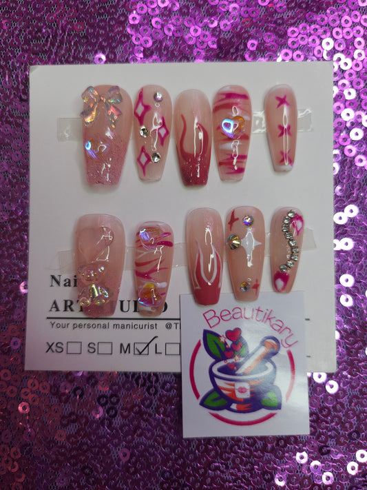 press on nails pink with bling