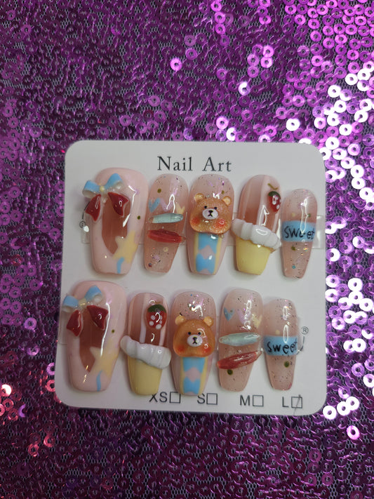 Teddy bear sweet candy reusable press on nails